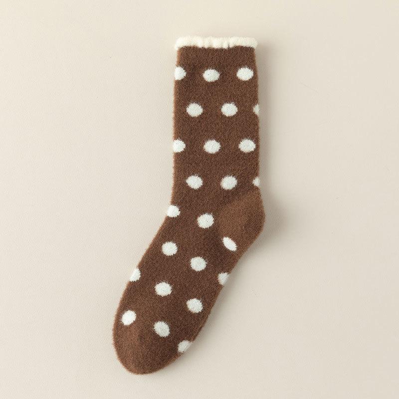 Polka Dot Socks for Women's Autumn and Winter Mid-calf Socks, Fleece Thickened Warm Long Socks, Fleece Sleeping Floor Socks