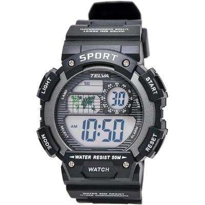 Crepha Telva Digital Multifunction Waterproof Watch 5ATM Stopwatch Black Men's Sports with Resin Strap