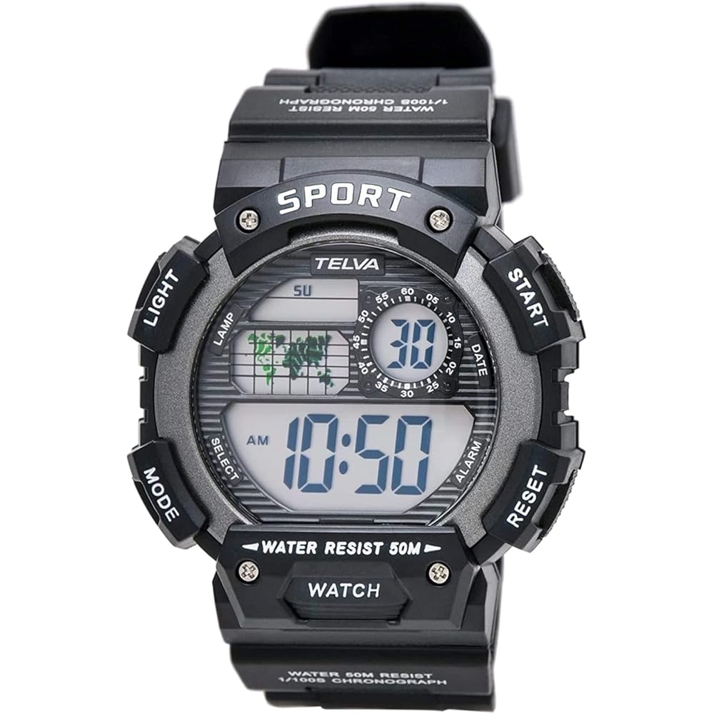 Crepha Telva Digital Multifunction Waterproof Watch 5ATM Stopwatch Black Men s Sports with Resin Strap