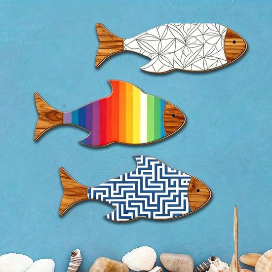 3Pcs/Set Wooden Fish Coastal Wall Art, Rustic Handcrafted Fish Wall Decor, Nautical Fish Wall Sculpture for Living Room, Beach Lake House