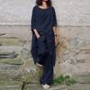 Women's Linen Two-Piece Suit Linen Suit Trousers And Three Quarten Sleeve Irregular Hem Shirts Casual Trouser Suit Round Neck Linen Blouse Loose Linen