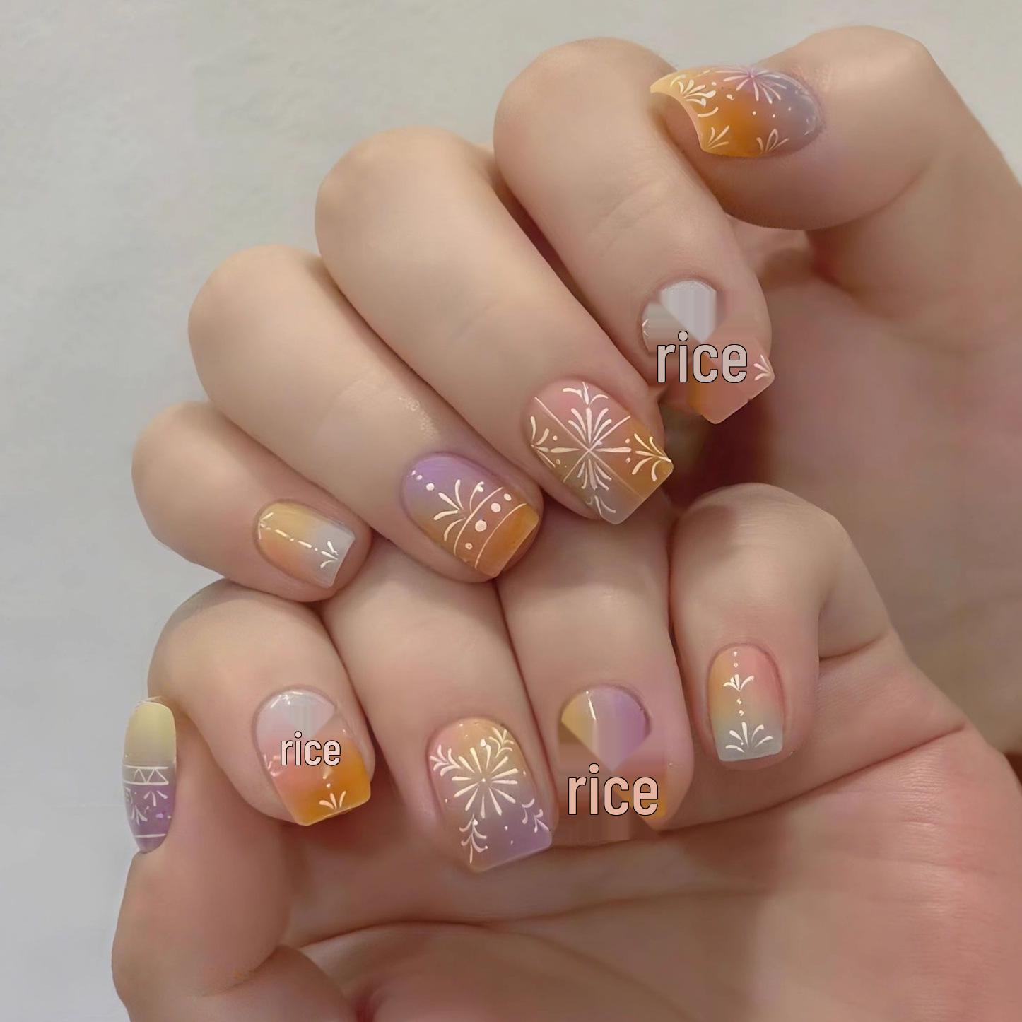 

Orange Gradient Fireworks Press-on Nails: Bohemian Style Colorful Fake Fingernail Stickers