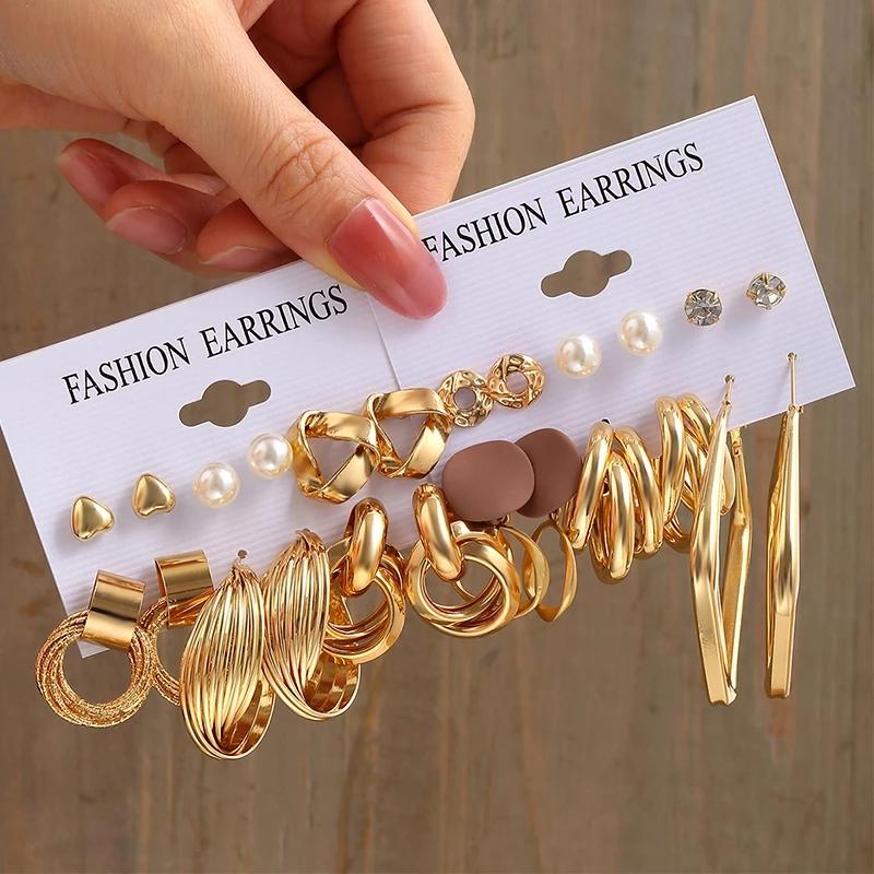 IF ME Vintage Gold Plated Earrings Set Metal  Heart Twist Geometric Hollow Hoop Earrings For Woman Fashion Jewelry Gifts