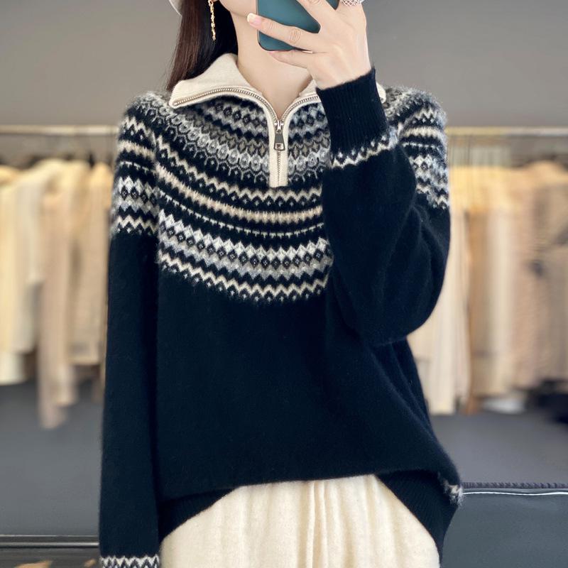 Women's Retro Fair Isle Wool Sweater - Autumn/Winter Loose Knit Outerwear