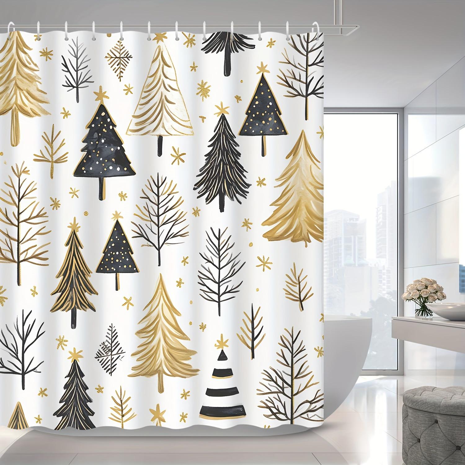 1pc Christmas Shower Curtain - High Quality Black & Golden Watercolor Christmas Tree Design with Snowflakes 90X180CM