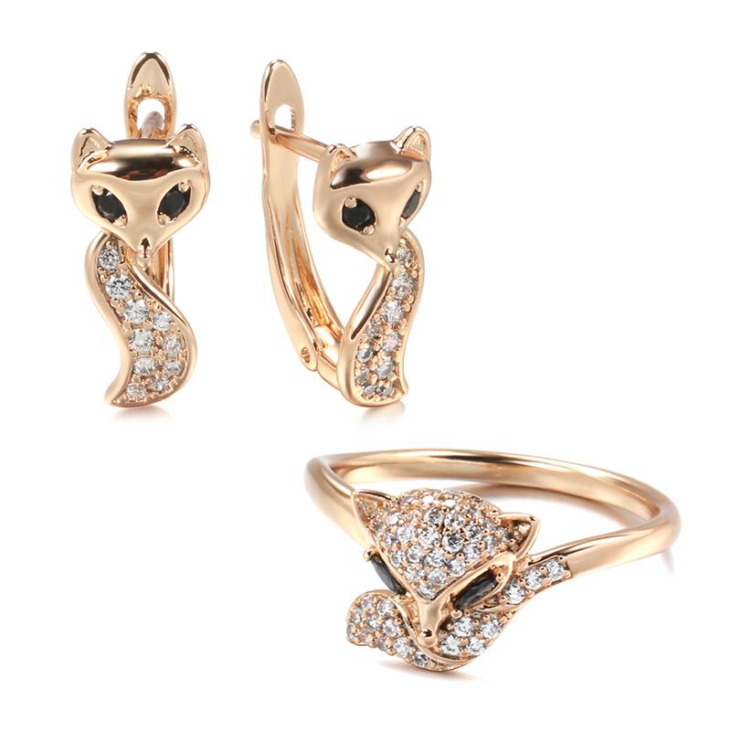 

Cute Fox Earrings Ring Sets For Women Fashion Rose Gold Color Natural Zircon Accessories Animal Child Jewelry Sets 7