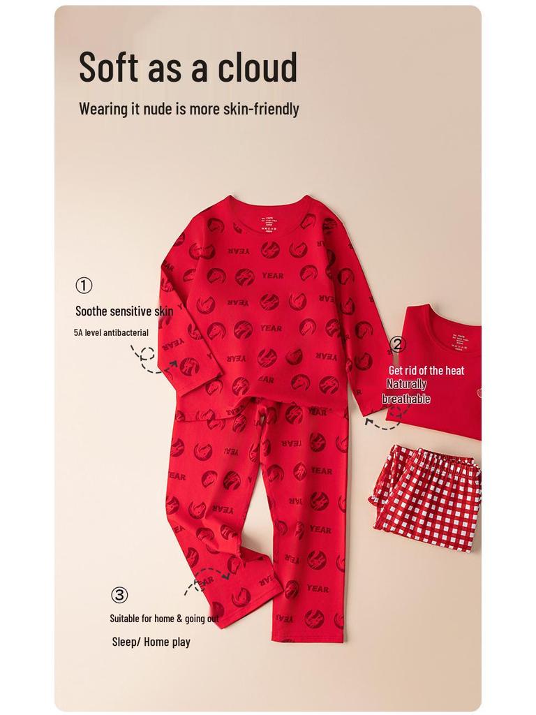 Children's Year of the Dragon Red Cotton Base Layer Set - Autumn/Winter Pajamas for Boys and Girls