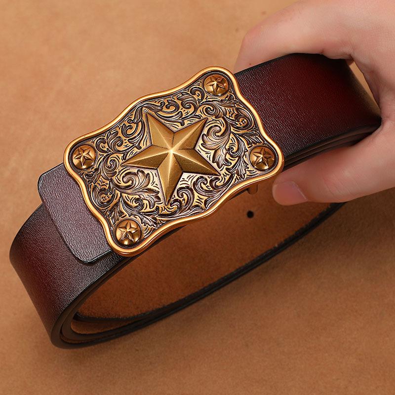 Men's Retro Genuine Cowhide Leather Belt with Smooth Buckle - Extended Large Size for Trendy and Plus-Size Fashion