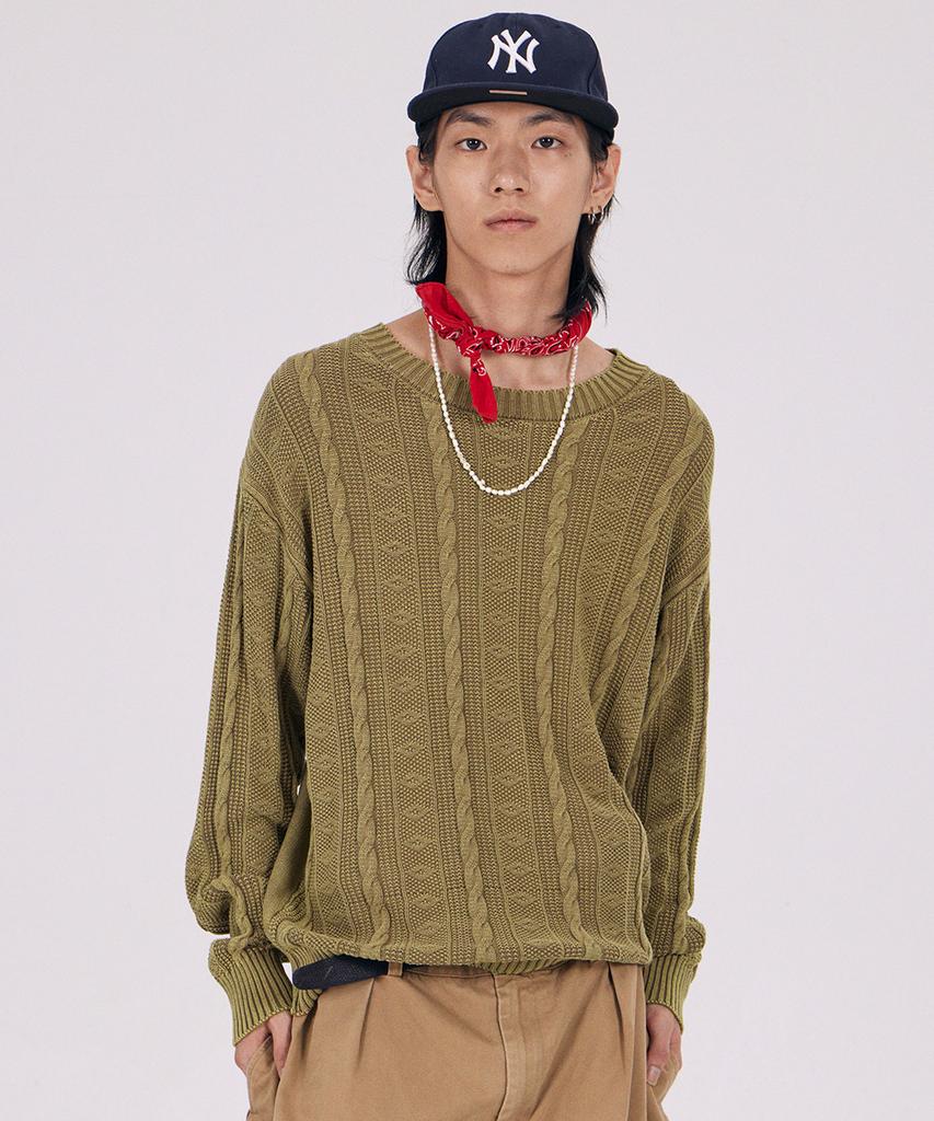 AT THE MOMENT Garment-Dyed Cotton Cable Knit_Khaki
