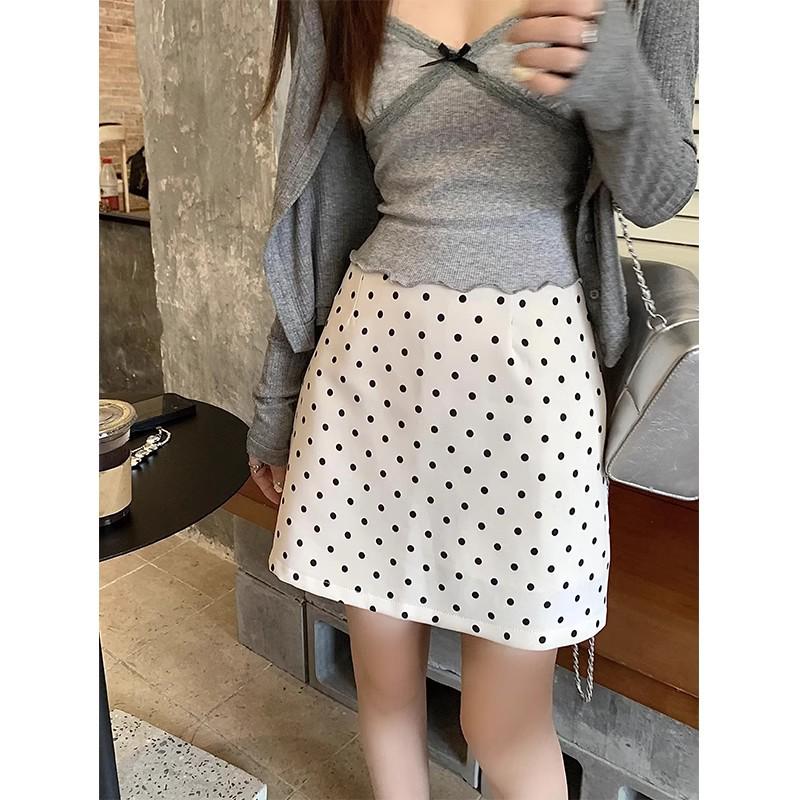 

Petite Women s High Waist Apricot Midi Skirt - Slimming A-line Polka Dot Summer Style S чорний