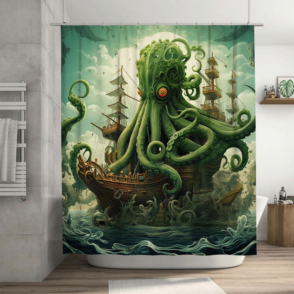 Octopus Ship Shower Curtain Surreal Marine Decor Green Blue Waterproof Bath Mat Set Home Bathroom Accessories Unique Gift Idea F