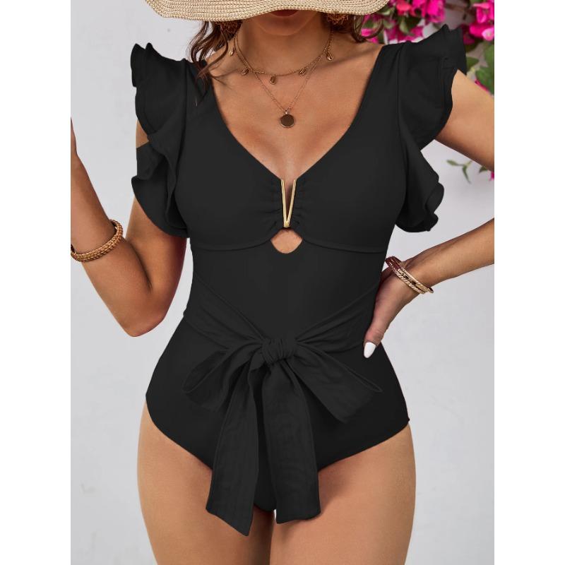 2025 New Sexy Ruffle Soild V-neck One Piece Strappy Slimming Swimwear Women  Swimsuit Deep-V Bathing Suit Beach Wear Monokini