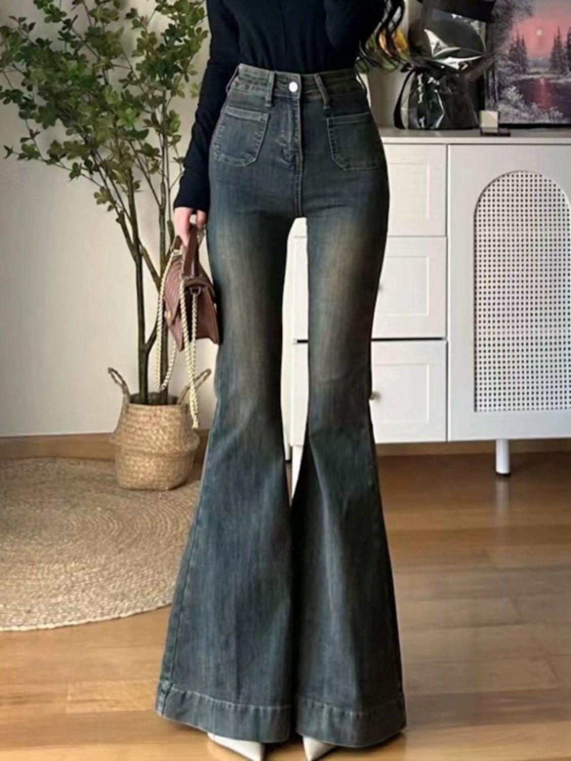 

Американские ретро джинсы с высокой посадкой и широкими штанинами: Стройнящие, Модные, Брюки в пол S синий