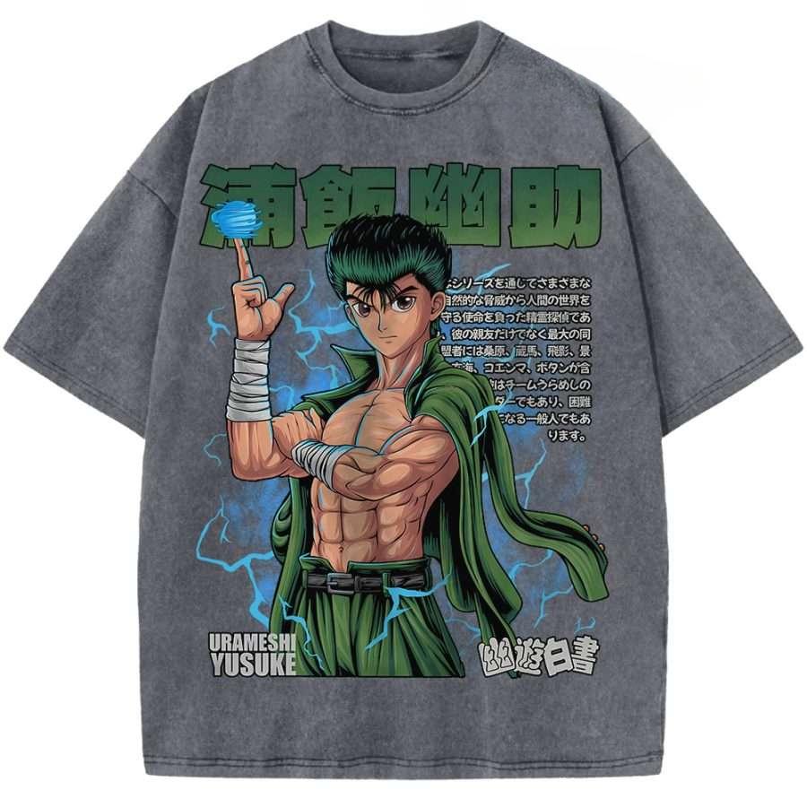 Hot Anime YuYu Hakusho Yuusuke Urameshi Graphic Tee Men Women Clothing Washed Cotton Tshirt Casual T-shirt Harajuku Male T Shirt