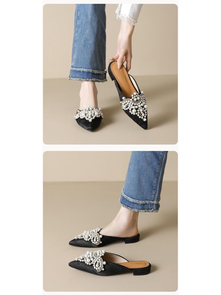 Weiwei Girl Pearl Rhinestone Slip-on Closed Toe Sandals - Women's Chinese Style Flat Heel Half Slippers for Summer