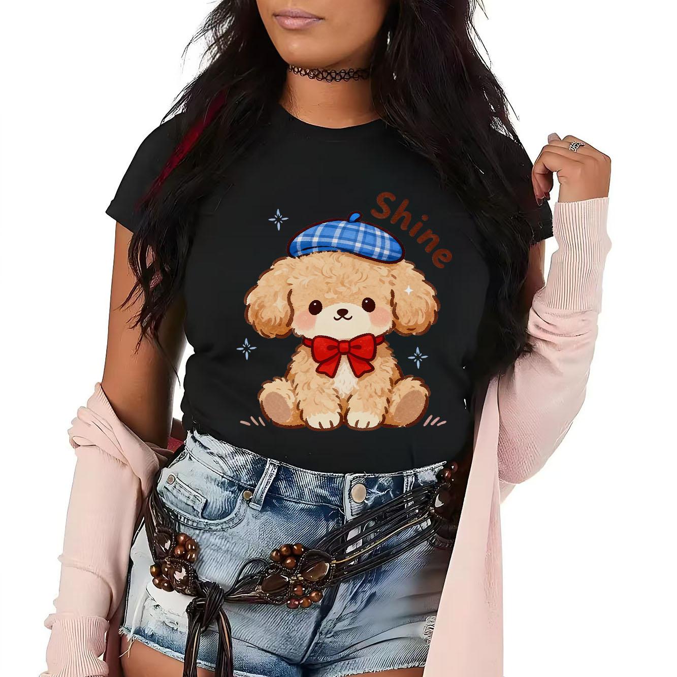 

New Cute Cartoon Curly Dog Printed Tshirt Casual Short Sleeve Suitable for Four Seasons Daily Wear Womens Tshirt S
