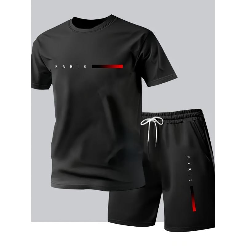 Herren Sommer T-Shirt und Shorts Set Lässige Entspannte Passform Sportliches Rundhals Kurzarm T-Shirt Paris Buchstaben Druck Zweiteiliges Set