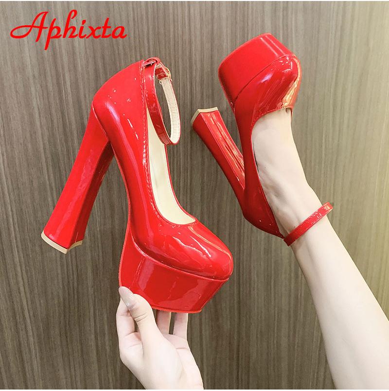Fashion Aphixta 1cm Belt Buckle Red Party Disco Dance Pumps Women 5.5cm Platform 16cm Super High Chunky Heels Pumps Super Szie 48 49 50