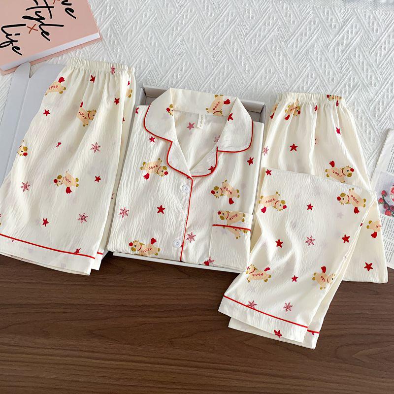 Summer Women's Three-Piece Pajama Set: Cardigan, Short Sleeve Top, Shorts, and Long Pants - Lightweight and Cute for Home or Outdoor Wear