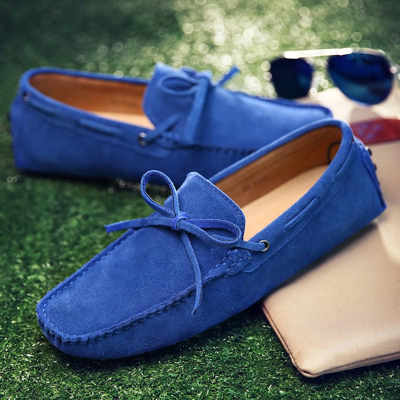 Blue Leather Suede Loafers Men Casual Shoes Moccasins Handmade Slip On Men's Flats Fashion Men Shoes Male Driving Shoes Size 48
