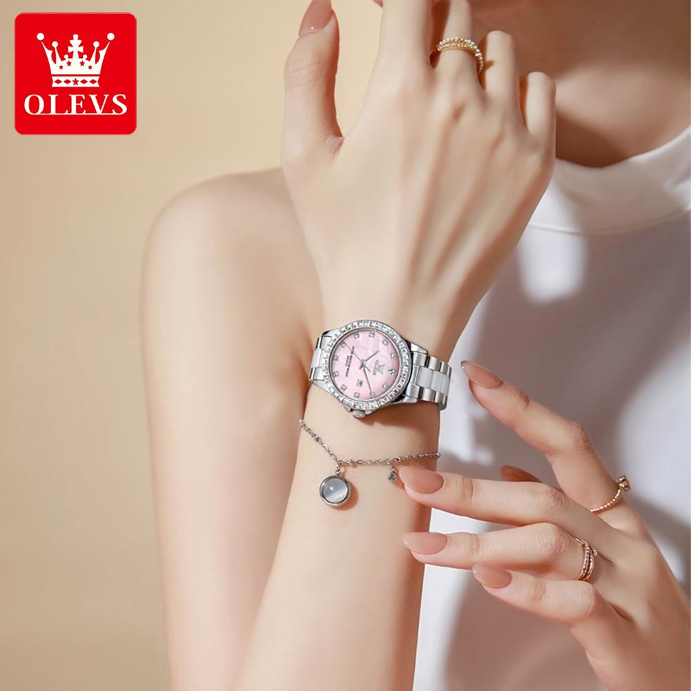 OLEVS Quartz Wristwatch Elegant Luxury Ceramics Strap Waterproof Auto Date Diamond Bezel Watch for Women