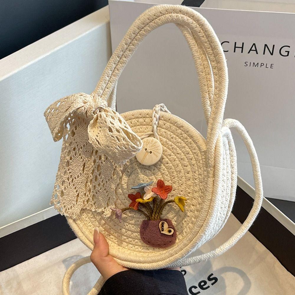 

Flower Pattern Lovely Woven Handbag Circular Cute Summer Bag Fashion Straw Crossbody Bag Beach