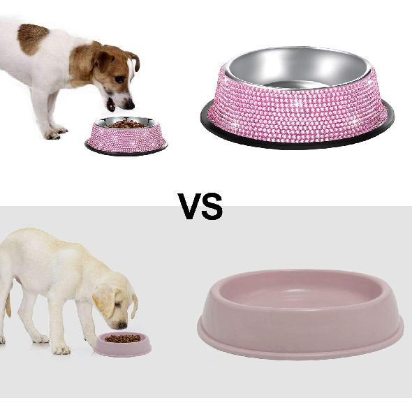 SAVORI Bling Dog Bowls Pink, 640ML Handmade Bling Rhinestones Stainless Steel Pet Bowls Double Food Water Feeder for Puppy Cats Dogs - Set of 2