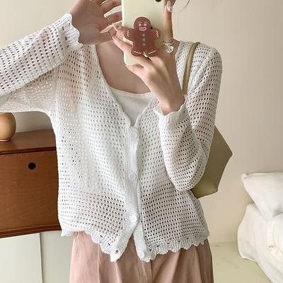 Kleiner frischer College-Hohlstrick-Pullover-Cardigan Damen Sommer dünn locker langärmelig Sonnenschutz Schal Top