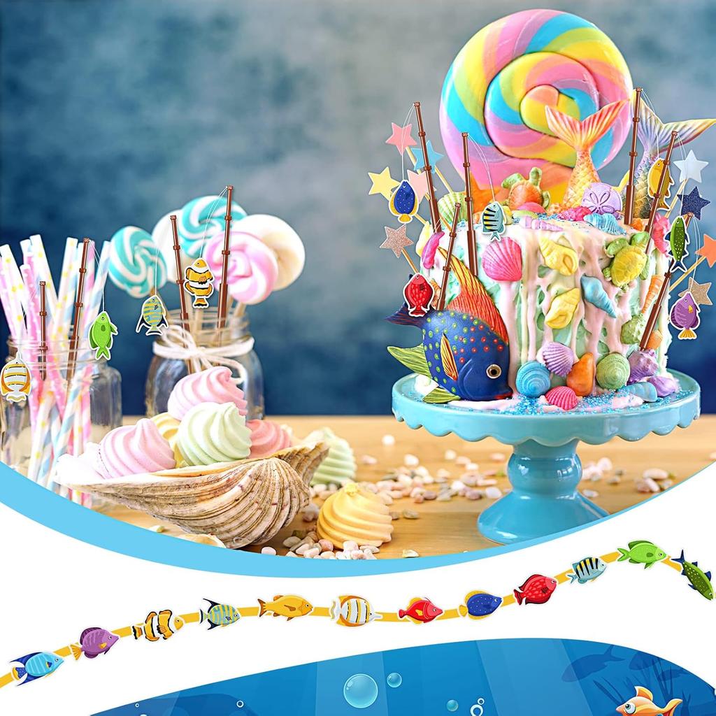 36 Pcs Fishing Birthday Party Decorations Fish Cupcake Pole Picks Fishing Themed Party Supplies Little Fisherman Tropical Appetizer Pick Cocktail