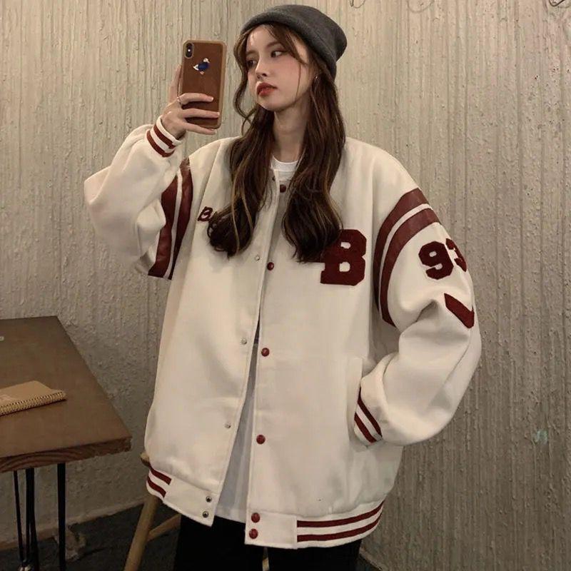 Cappotto Giacca Bomber da Baseball Ampia Retro da Donna Top Harajuku Taglie Forti Giacche di Peluche Streetwear