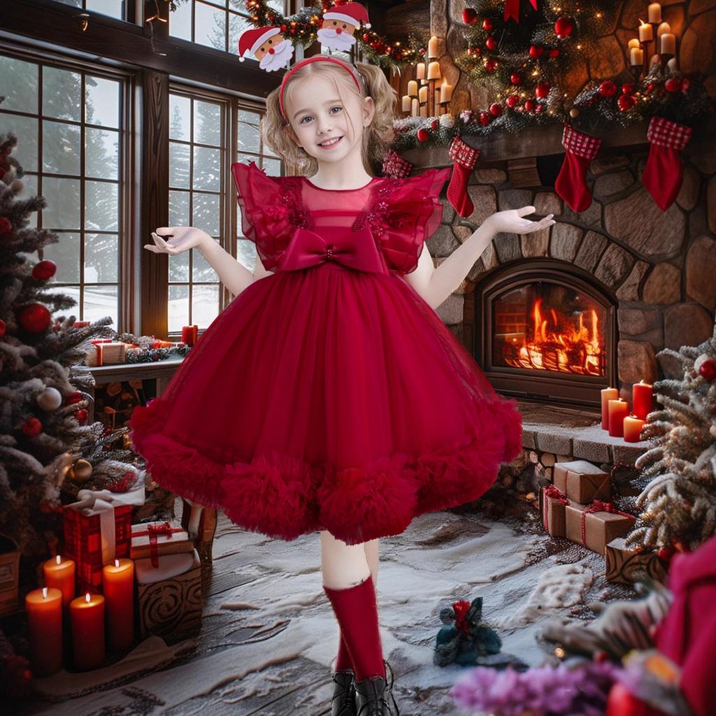 Children's Mesh Gowns Pom Pom Princess Dresses Medium and Large Children's Dresses Dresses Girls' Weekend Costumes  Girl's Favourite Dress