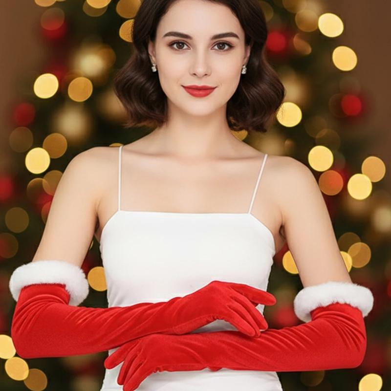 1 pereche Mănuși de Crăciun Lungi din Catifea Manșetă Pufoasă Mănuși pentru Decorarea Petrecerii Accesorii Costum Crăciun Mănuși de Iarnă pentru Femei pentru a ține de cald