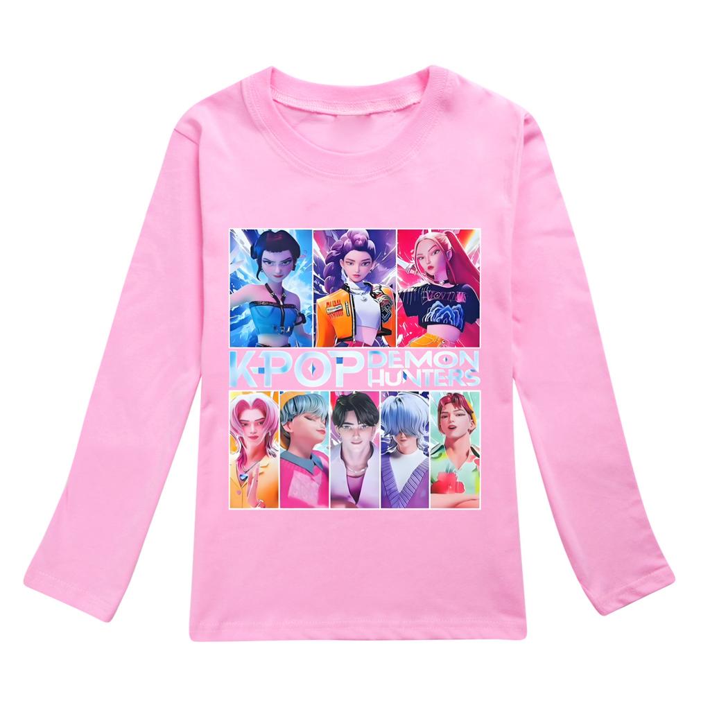 KPop Dämonenjäger T-Shirt Kinder Stilvolle Mode Cartoon Freizeitkleidung Jugend Mädchen Locker Rundhals-T-Shirts Jungen Langarm-Oberteile