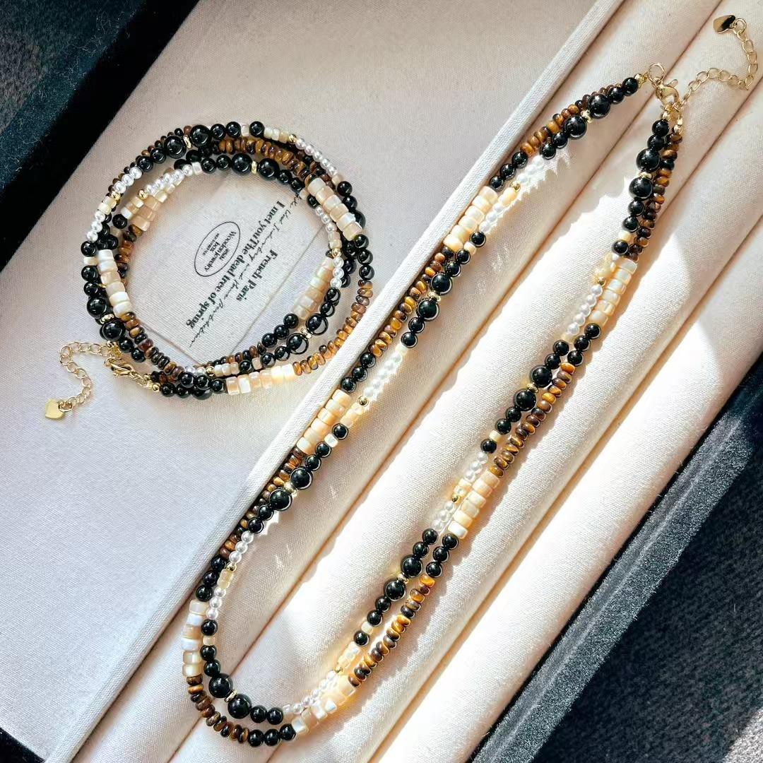 Vintage Natural Tiger S Eye Stone Black Agate Shell Artificial Crystal Pearl Double Clavicle Chain Necklace