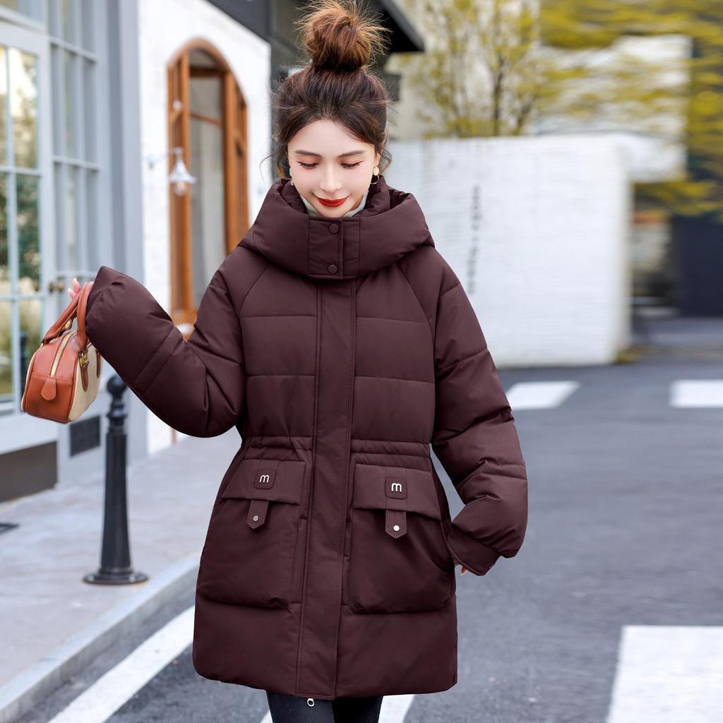Mittellanger Baumwollmantel für Damen, Taillenbetonender Baumwollmantel, Verdickter Winter-Baumwollmantel