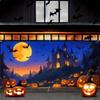2D Gate Banners for Halloween Garage Featuring Designs of Haunted Cities Pumpkins and bats.PMJ