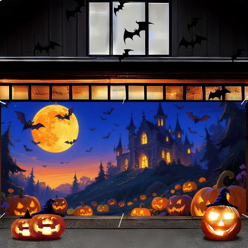 2D gate banners for Halloween garage featuring designs of haunted cities pumpkins and bats.PMJ