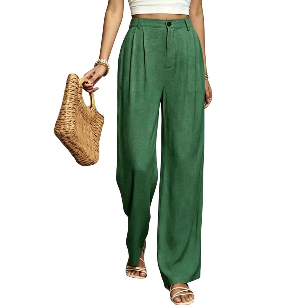 Women's High Waist Wide Leg Trousers Pleated Front Loose Fit Long Pants with Button and Zip Closure for Casual Office Wear