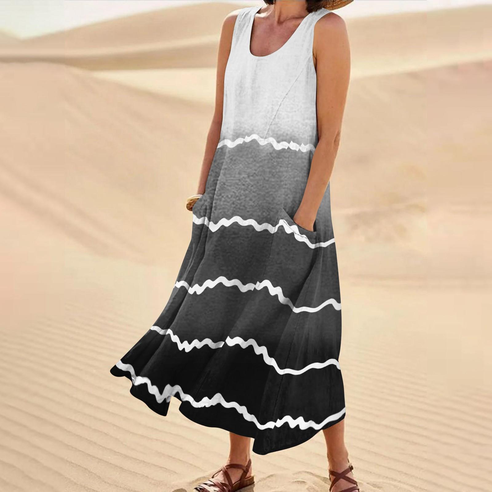 Женское летнее повседневное модное платье в полоску с принтом без рукавов и круглым — фото 10