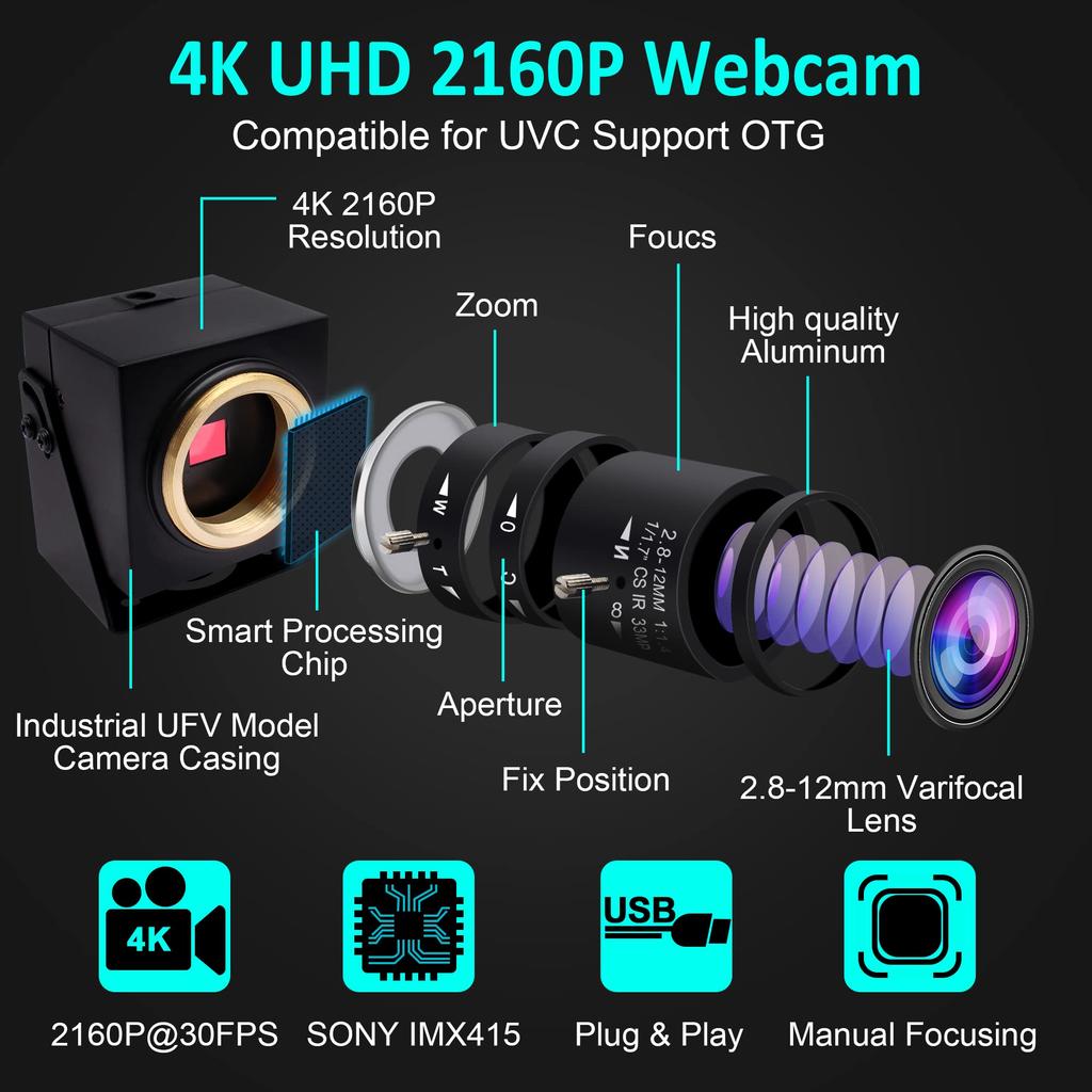 ELP 4K USB Webcam 5X Manual Optical Zoom Variable 2160P Ultra High UVC with CMOS IMX 415 Plug and Linux Camera, 2.8-12mm Lens, Definition, Sensor,