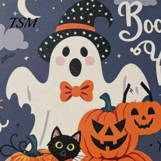 Waterproof Halloween Wall Art Boo Wood Door Hanger Sign with Cute Ghost Black Hat Pumpkin Print, Front Solid Yard Decoration Porch Decor, Round Wooden