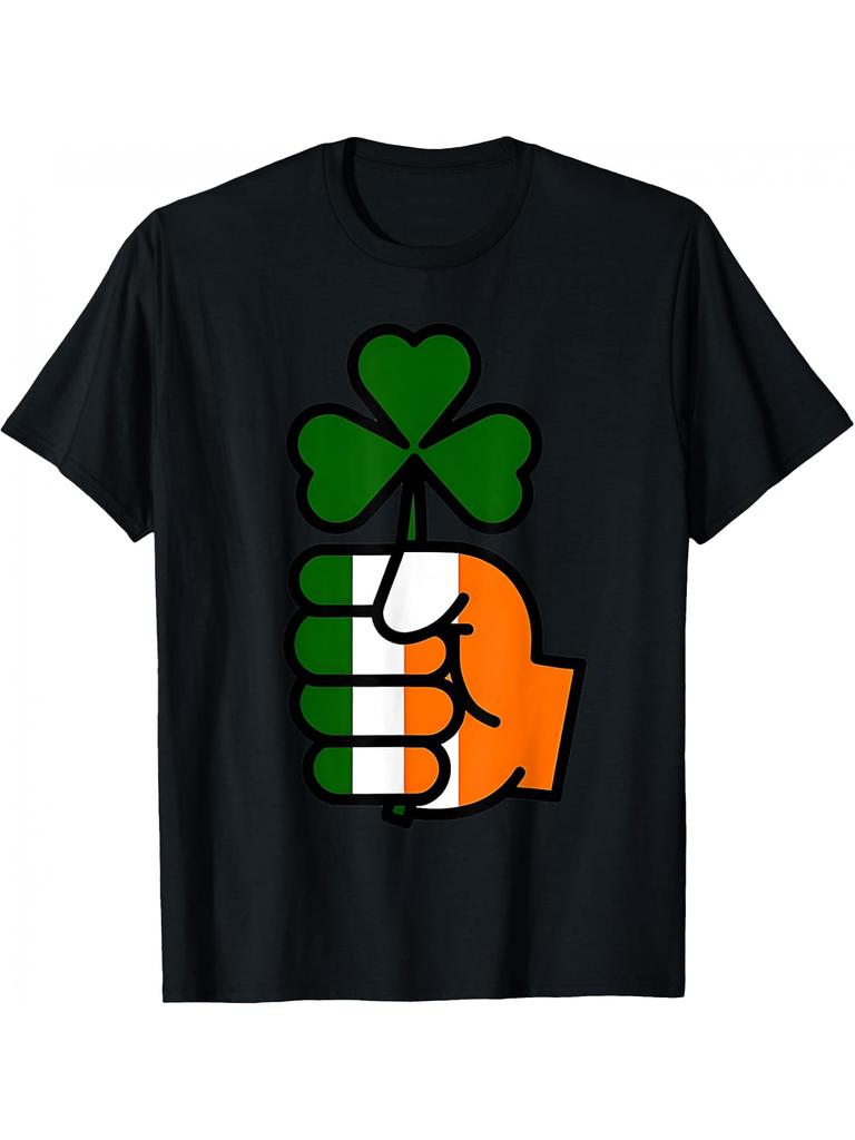 Irish Flag Fist Holding Shamrock Graphic Tee Casual Crewneck Short Sleeve Daily T-Shirt
