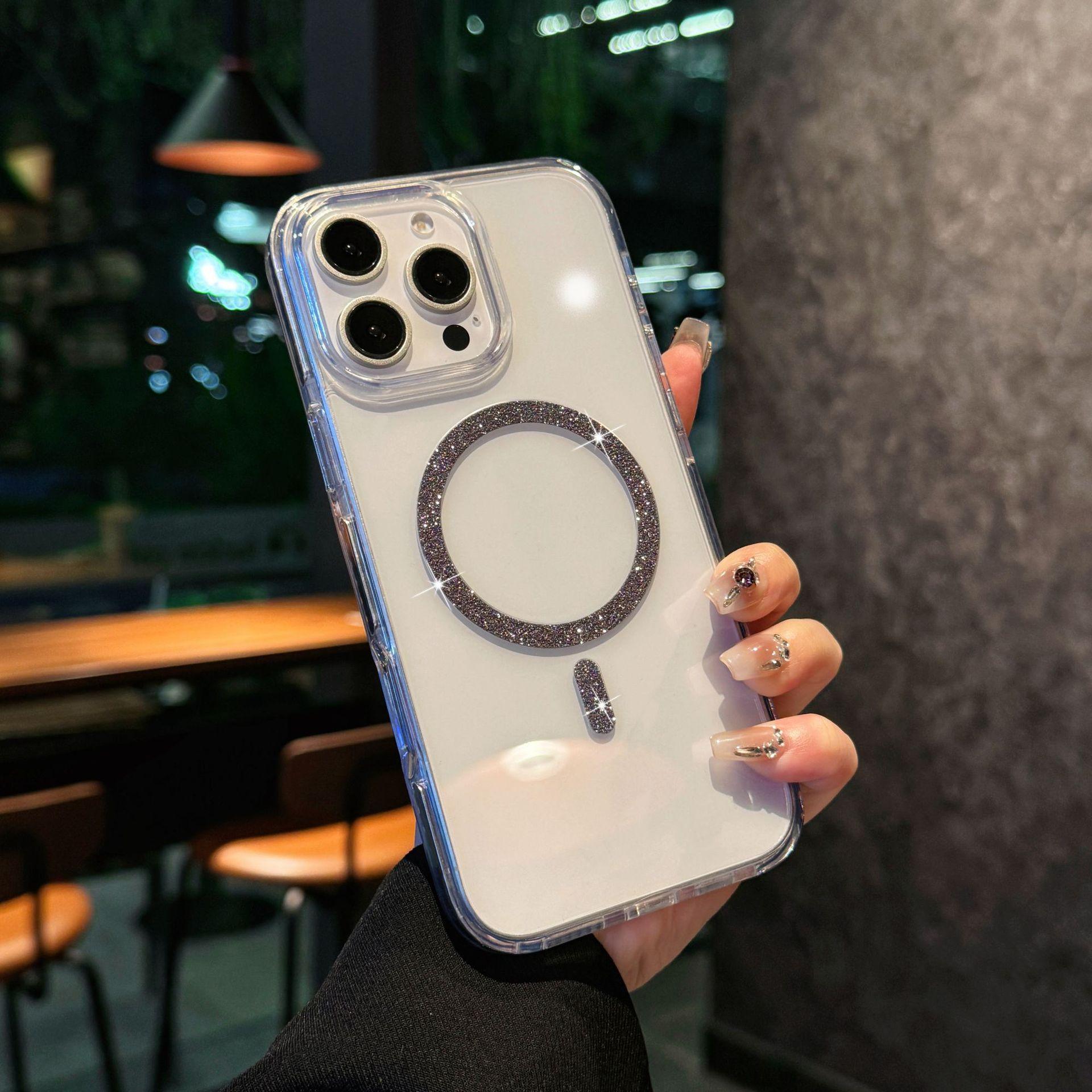 

Подходит для iPhone 16 Чехол для телефона с магнитной адсорбцией с блестками Цвет Нескользящий край Apple 15promax Модный Противоударный Жесткий Чехол iPhone15Promax