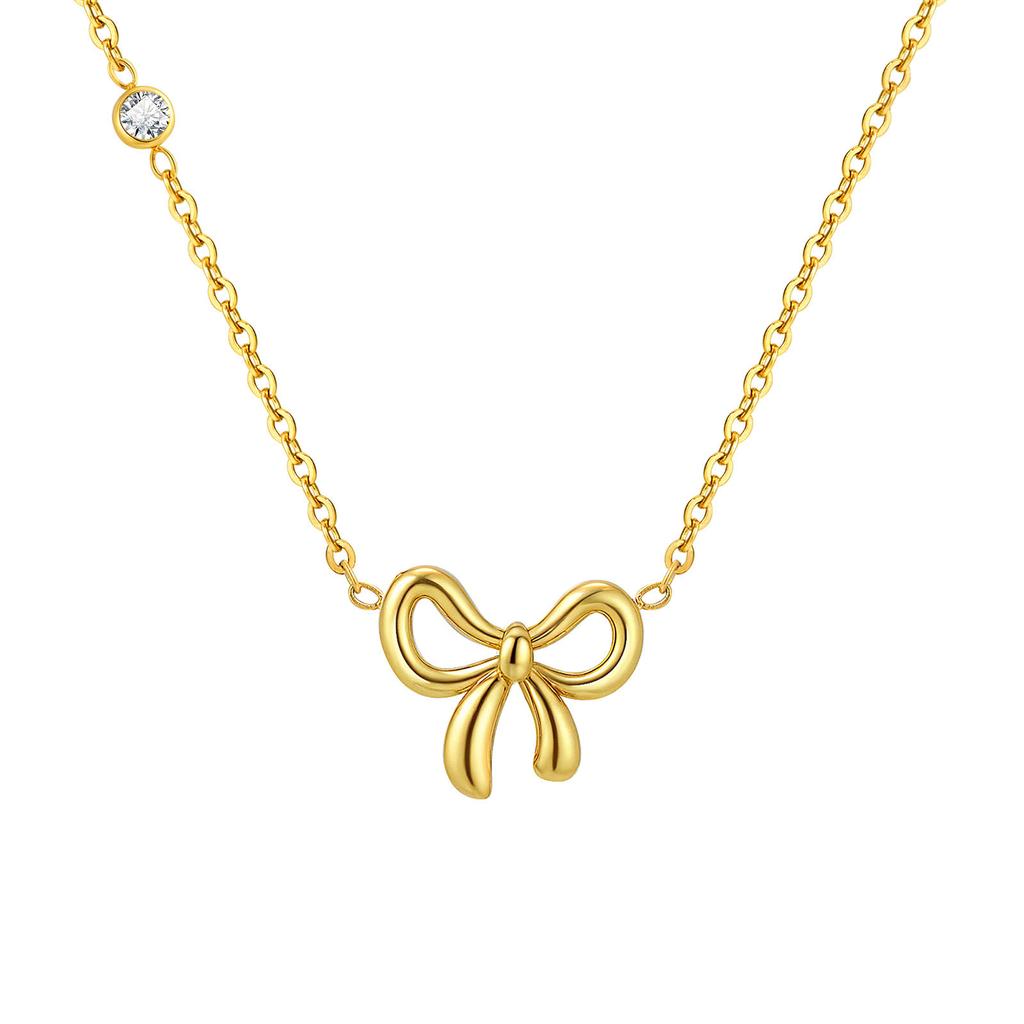 Fashion Stainless Steel Zircon Bow Gold Necklace Ladies