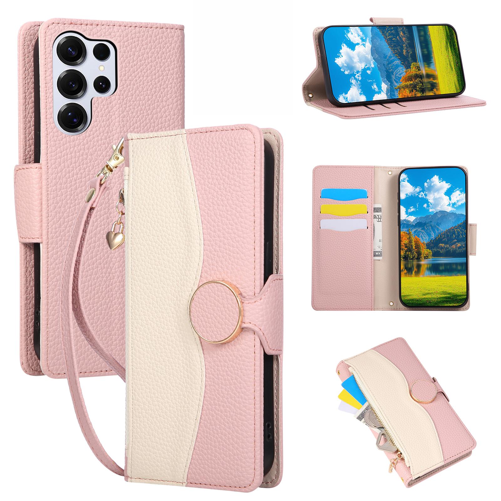 

For Samsung Galaxy S26 Ultra Case Zipper Wallet Color Splicing TPU PU Leather Flip Phone Cover with Strap