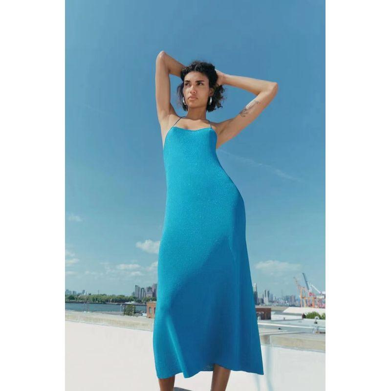 

Sunshine House Summer Fashion Z Home Sky Blue Metal Wire Strap Dress Long Silm Sexy Women Knitted Dress Blue M: Bust size 72-86
