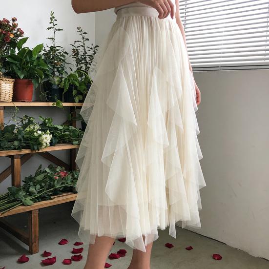 Spódnica Tiulowa Damska Elastyczna Wysoki Stan Linia A Długa Tiulowa Spódnica Bajkowa Zwiewna Warstwowa Wielowarstwowa Maxi