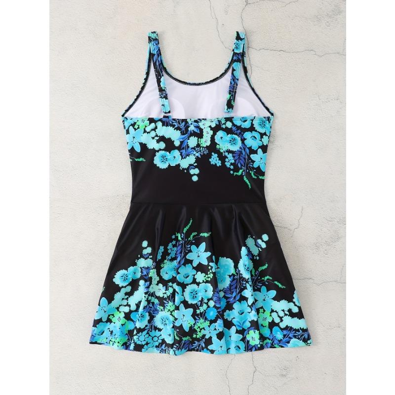 Elegante konservative Damen-Einteil-Badebekleidung mit Rock - Bauchkontrolle Hohe Elastizität Blumendruck Schwarz & Blau Verstellbare Bademode