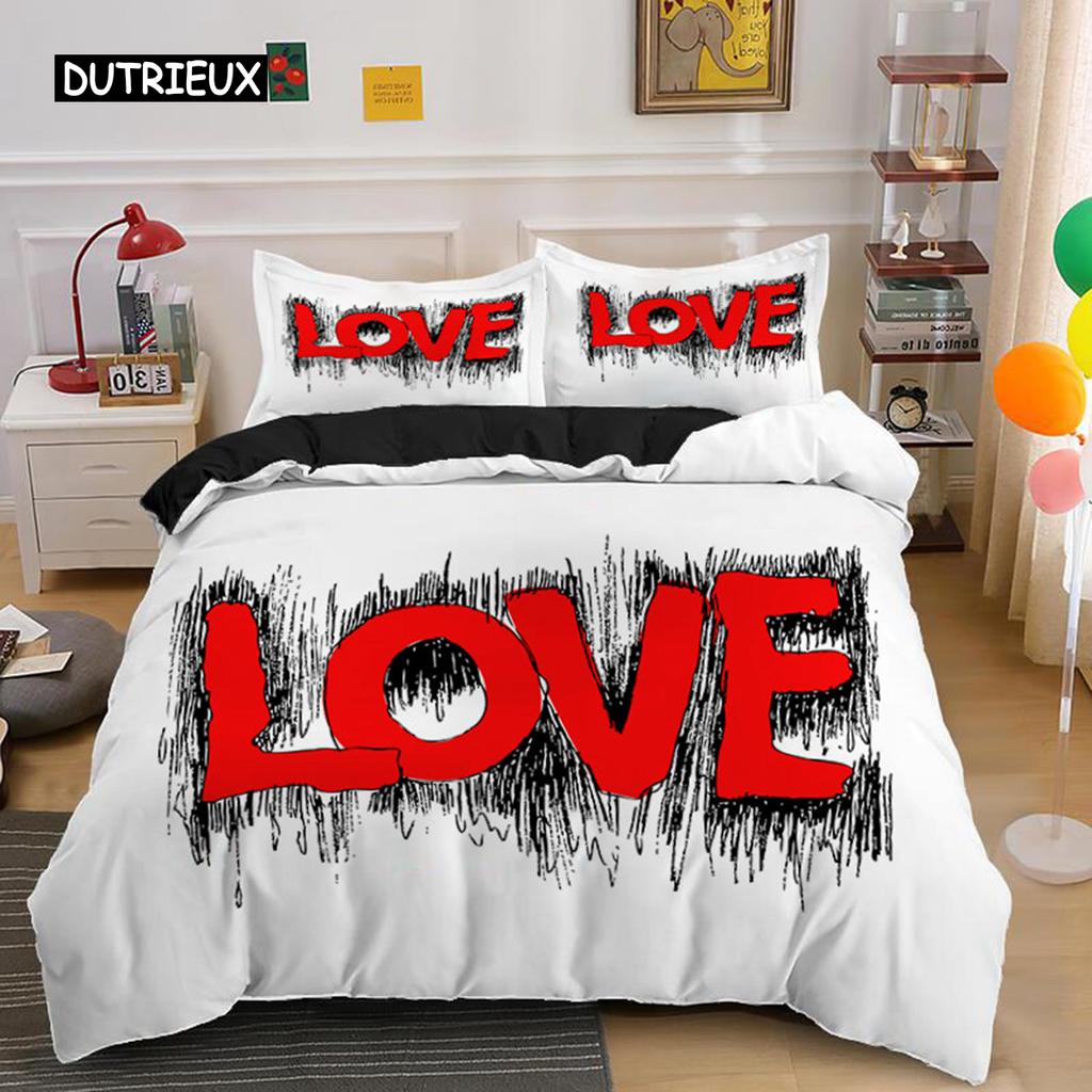 Romantische Liebesherz Bettbezug Valentinstag Bettwäscheset Mikrofaser 3D-Druck Steppdeckenbezug King Queen Für Jungen Mädchen Teenager Deko
