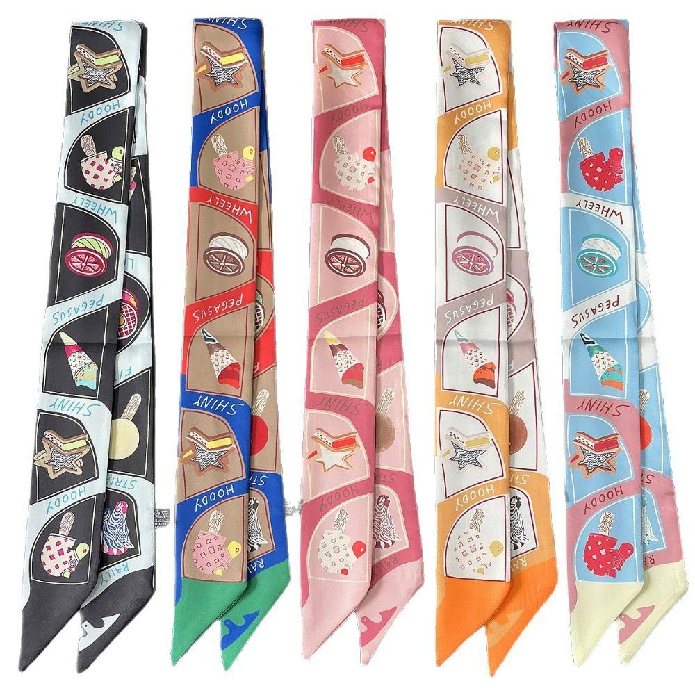 Bow Ties Plaid Scarf Printed Long Ribbon Scarves Retro Long Silk Scarf  Female